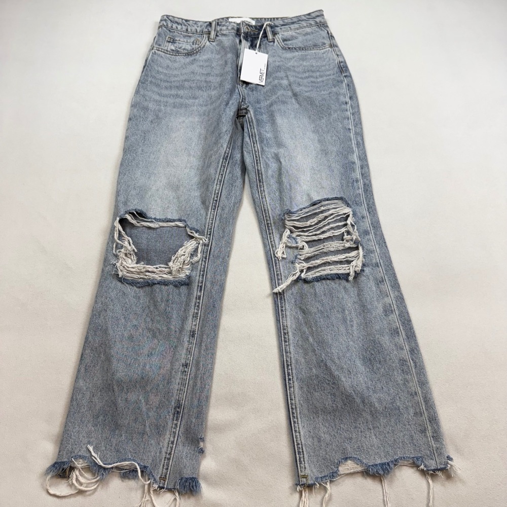Vervet V2404 Blue Melody Super High Rise Distressed Straight Leg Jeans Size 27